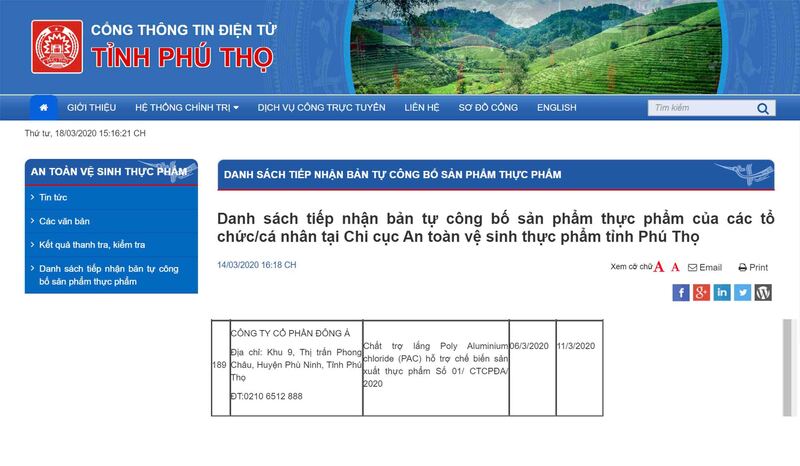 Đông Á nhận chứng nhận đảm bảo an toàn thực phẩm