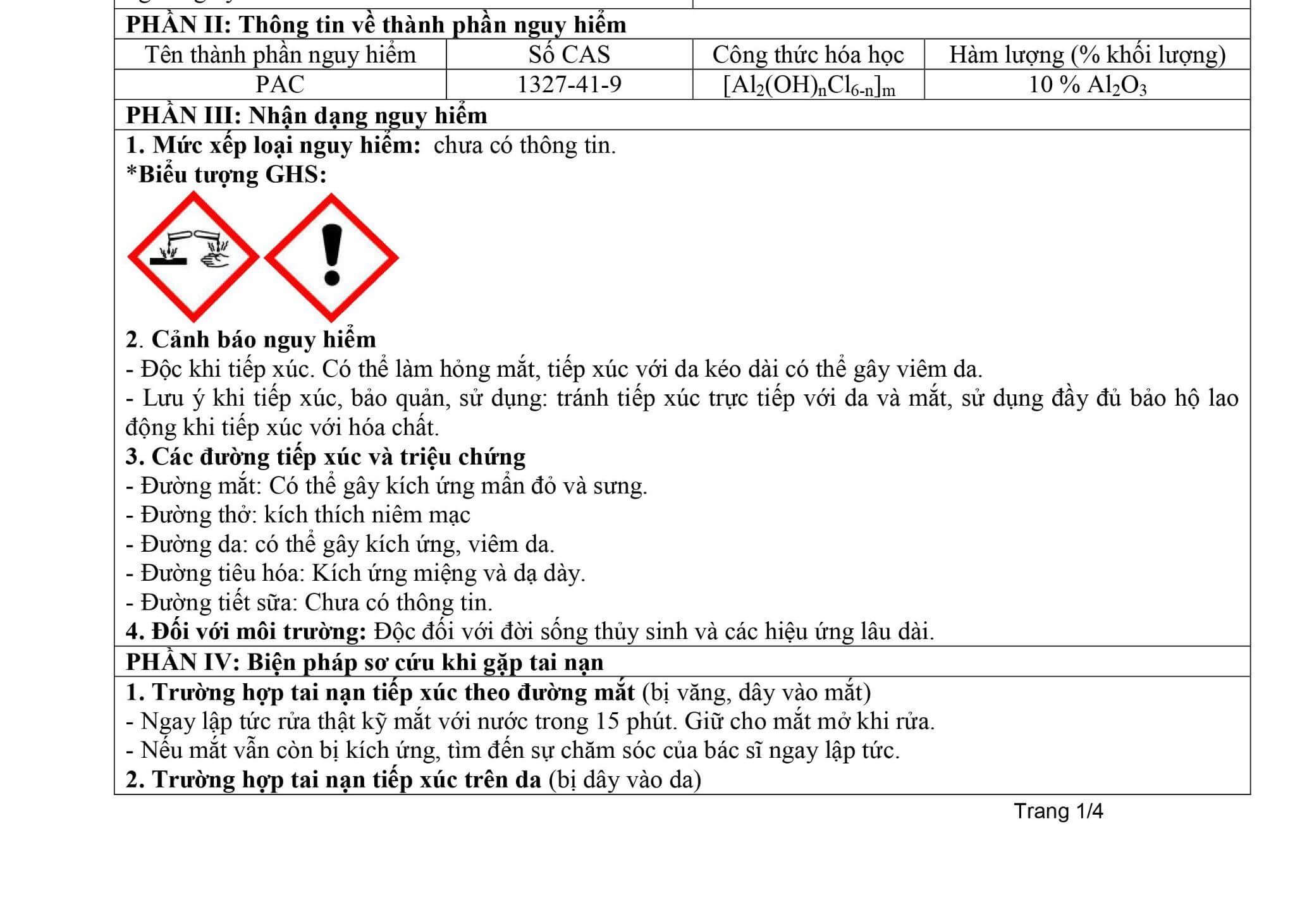 Phiếu an toàn hóa chất PAC